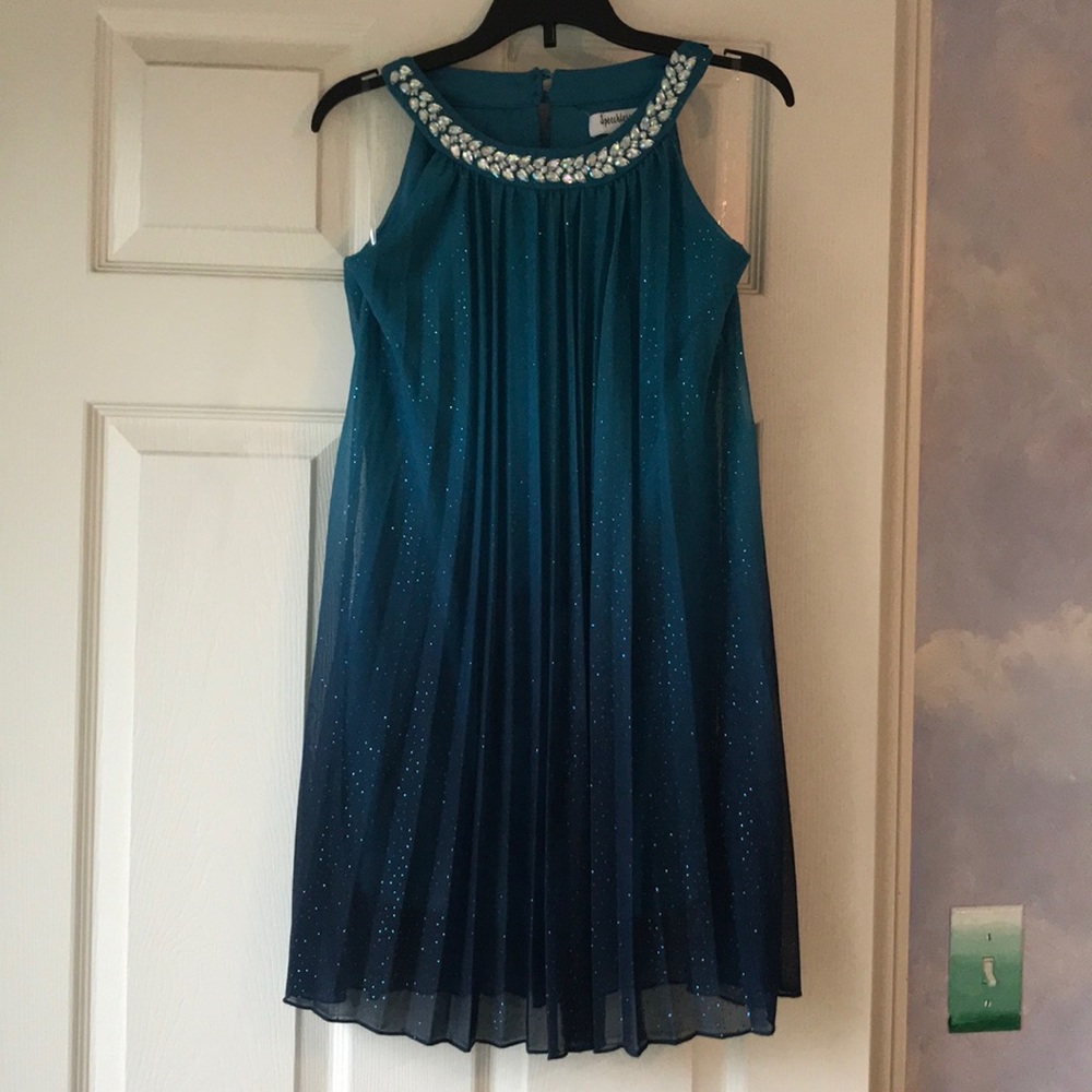 Speechless Teal to Navy Ombré Girls Formal Dress with Beaded Neckline